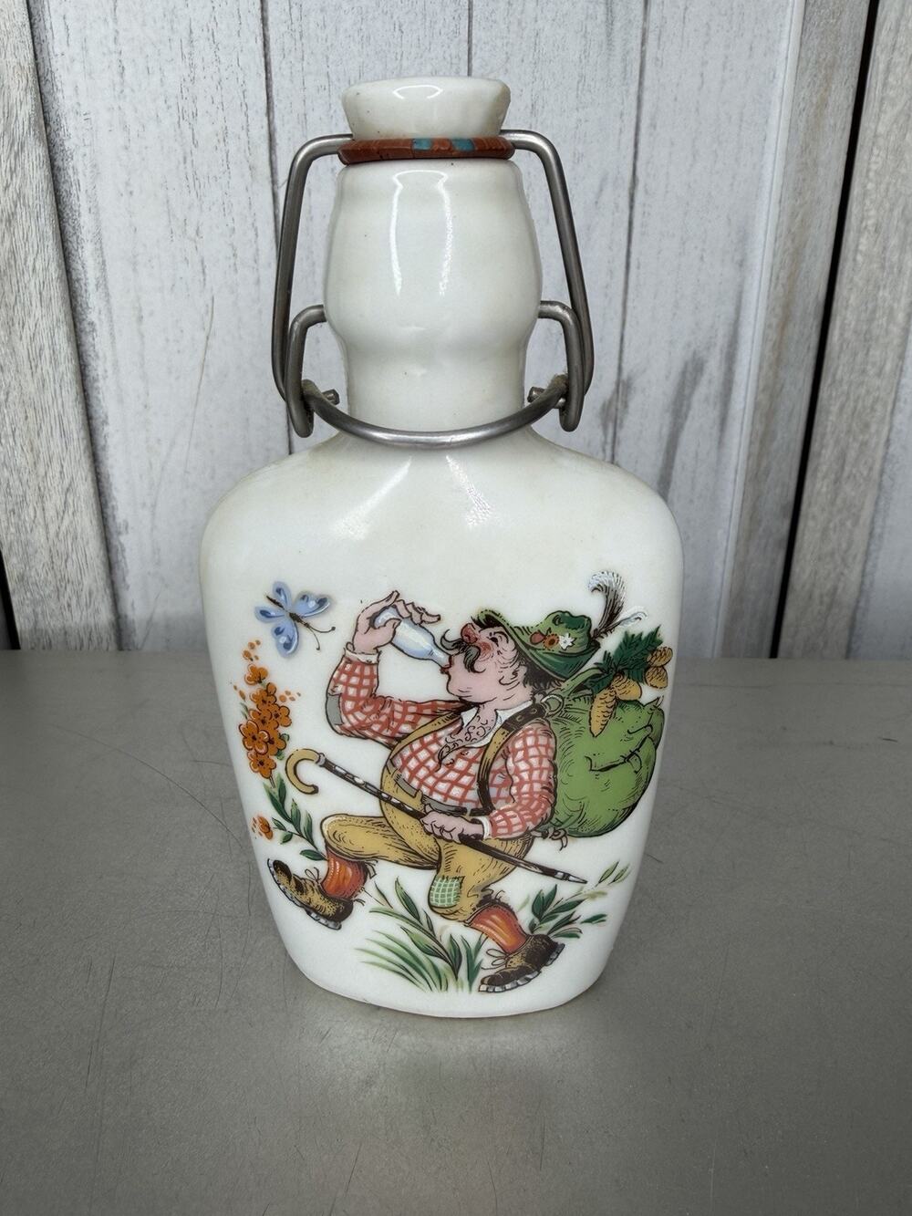 Vintage Ceramic Flask West Germany BAVARIA Man Drinking Barware HINGED PORCELAIN